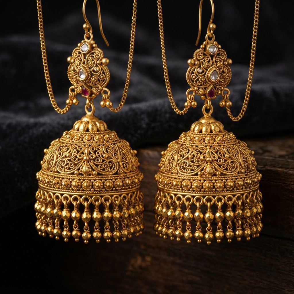 Heavy Gold Jhumka Earrings - Image 2