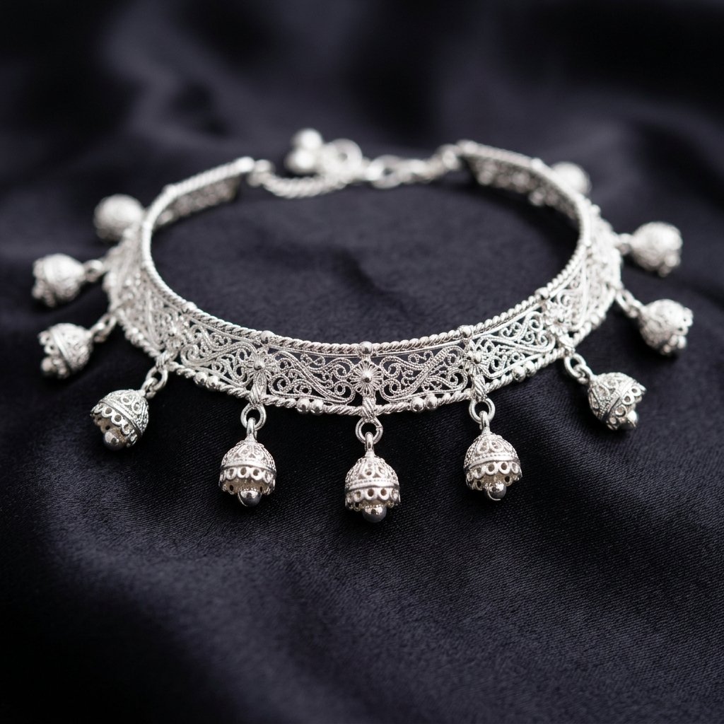 Silver Anklet Pair — Floral Design